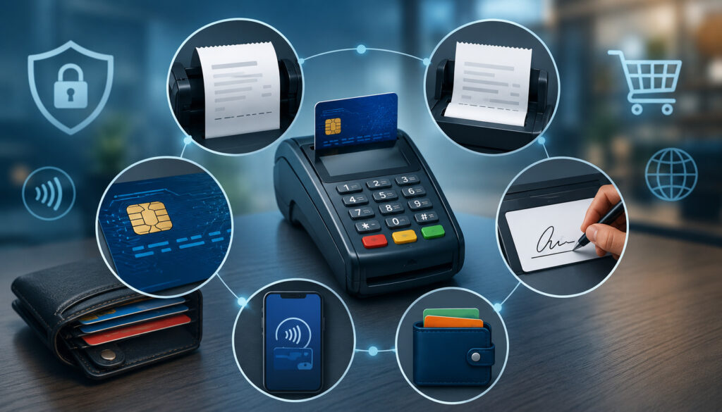 POS terminal with EMV card, receipts, signature, contactless payment, and digital wallet icons