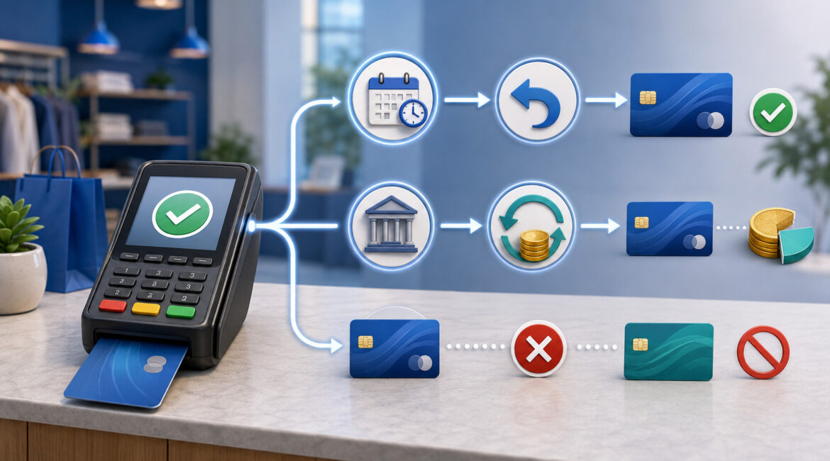 Payment terminal showing void and refund transaction flows