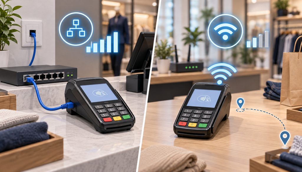 Credit card terminal comparing Ethernet and WiFi connectivity in a retail store