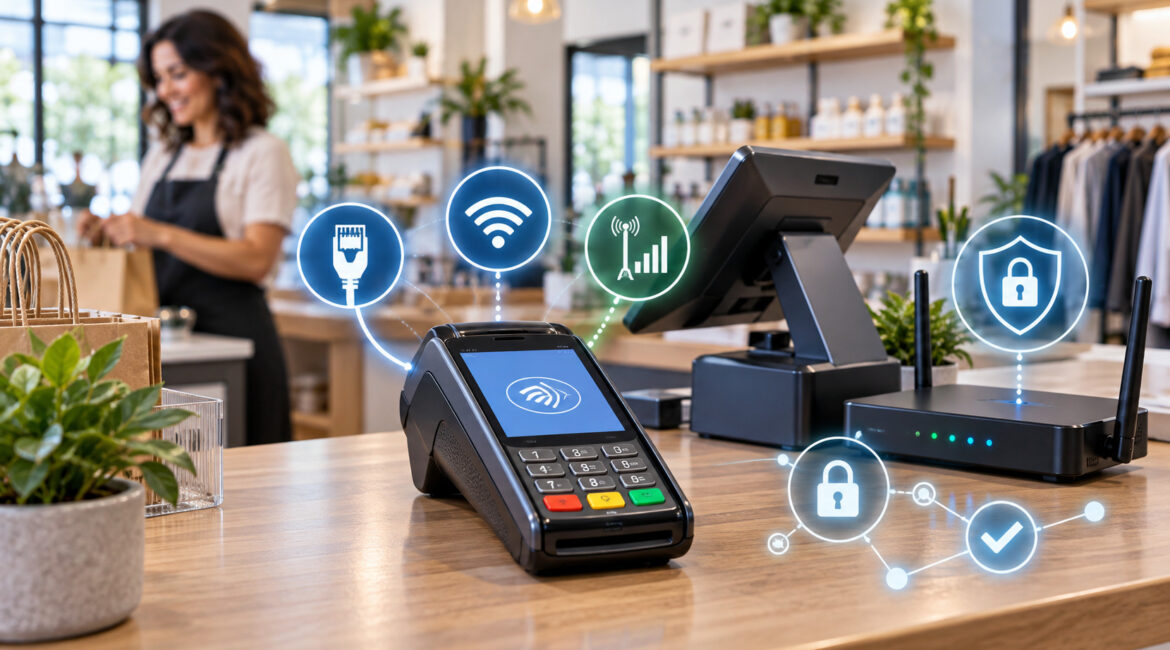 Payment terminal showing Ethernet, WiFi, 4G, and PCI security connectivity