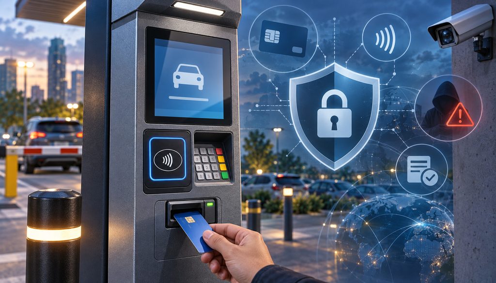 Unattended EMV payment terminal with chip card, security icons, and fraud protection
