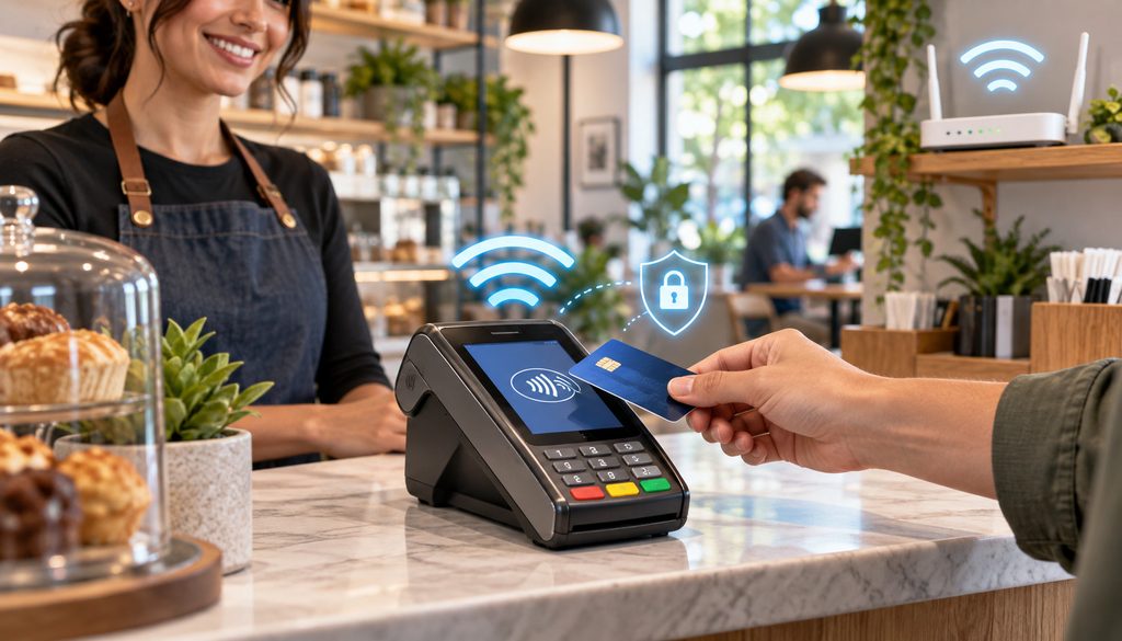 WiFi-connected payment terminal processing a secure contactless card payment
